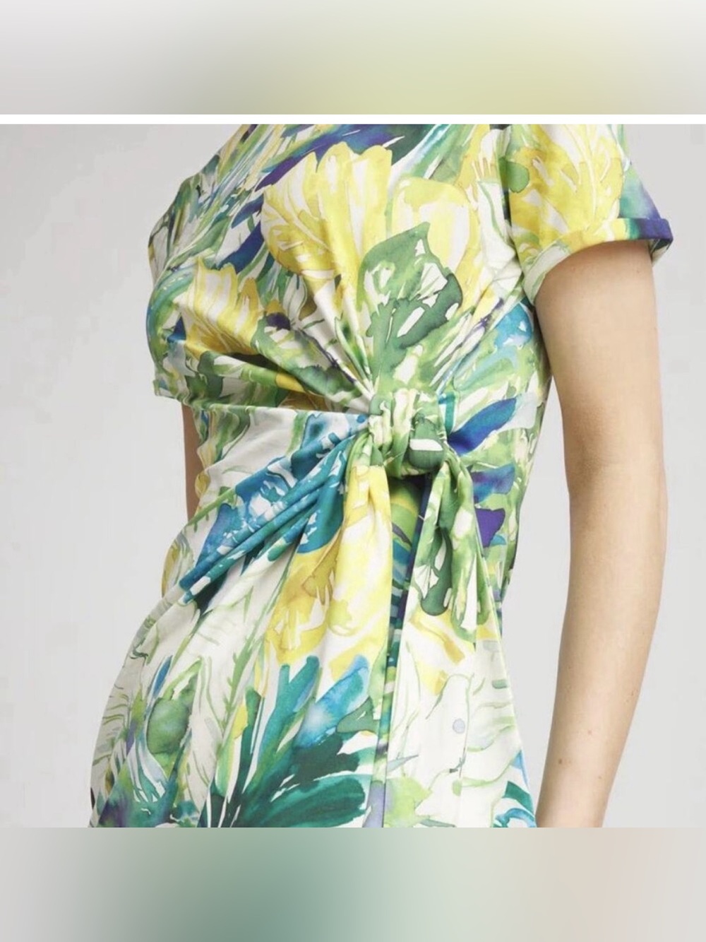Chico's Twist-Front Tropical Floral Dress - Blue Yellow Midi Sz 1 (Small) - Picture 2 of 11